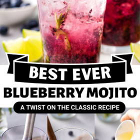 Mojito being made in a glass with blueberries.