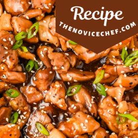 A serving plate of Bourbon Chicken with sesame seeds and green onion on top.