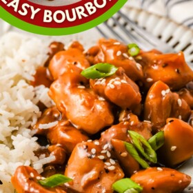Bourbon Chicken with rice on a plate.