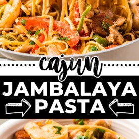 A bowl of Cajun Jambalaya Pasta and a serving spoon scooping up some pasta.