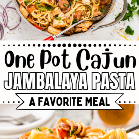 A serving spoon scooping up pasta and a skillet filled with Cajun Jambalaya Pasta with fresh herbs on top.