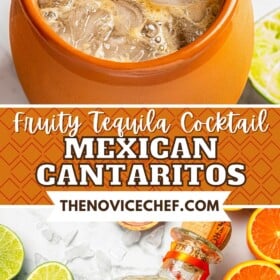 Mexican Cantaritos in a mug and a jar of tequila with fresh lime and orange.