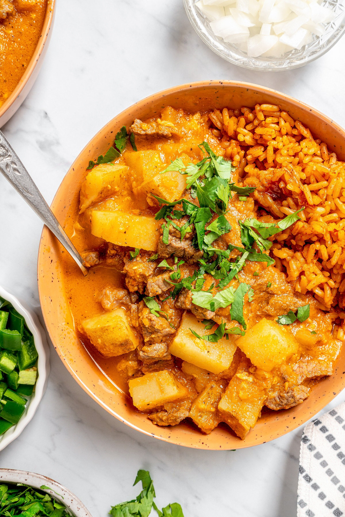 A bowl of carne guisada with red rice on the side.