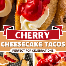 Cherry cheesecake dessert tacos on a cooling rack and with a bite taken out of one.
