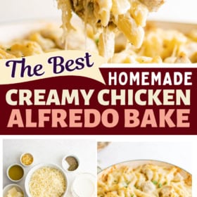 Chicken alfredo bake in a skillet, ingredients in bowls and a spoon scooping up a serving.