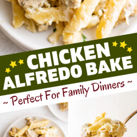 Chicken alfredo bake being scooped out of a casserole dish and on a plate with a fork.
