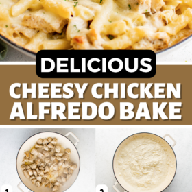 Chicken being cooked, alfredo sauce being made, and both being combined with pasta and topped with cheese and baked.