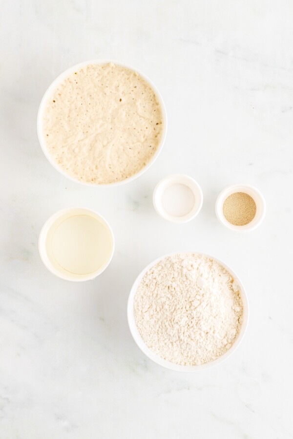 Starter, salt, yeast, flour, and water on a work surface.