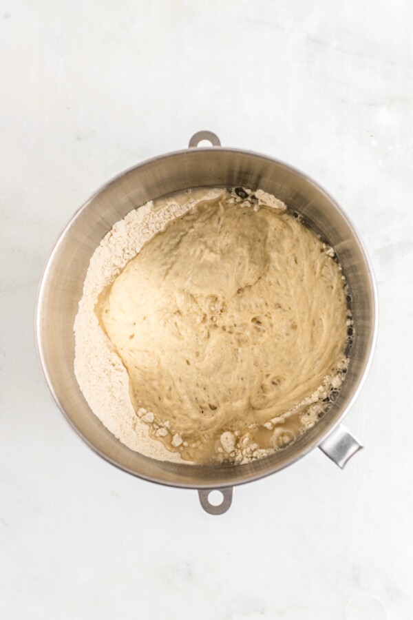 Mixing dough in a stand mixer.