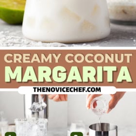 Ice being added to a glass, tequila, coconut cream and coconut milk being added to a shaker and a coconut margarita being poured into a glass.