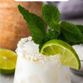 A Coconut Margarita with a lime wedge garnish and shredded coconut rim.