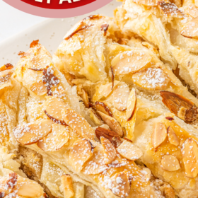Sliced almond pastry made with puff pastry and dusted with powdered sugars.