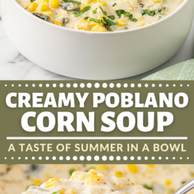 A bowl of poblano corn soup and a ladle scooping up a serving of soup out of a pot.