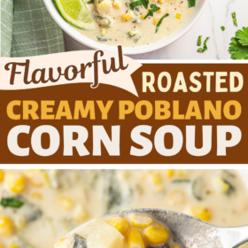 Roasted poblano corn soup in a bowl and a spoon picking up a bite.