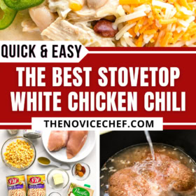 Creamy white chicken chili being made in a pot on the stove top and a bowl of soup with all the toppings.