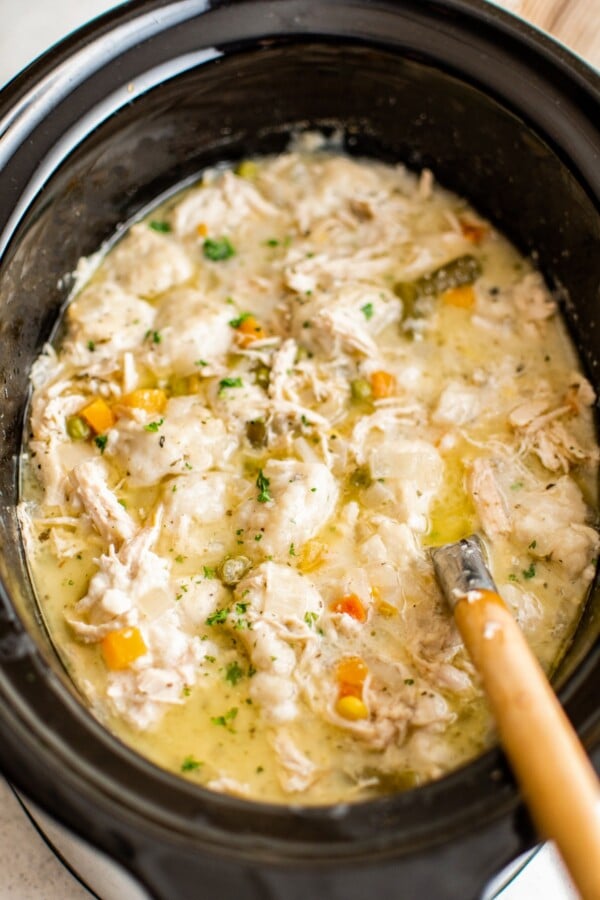 Overhead shot of a slow cooker full of creamy chicken and biscuit dumplings.