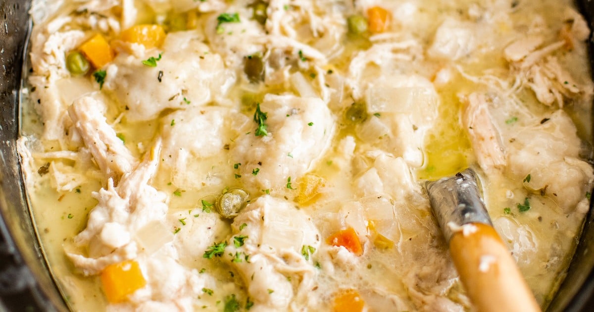 Close-up shot of chicken and dumplings with biscuits.