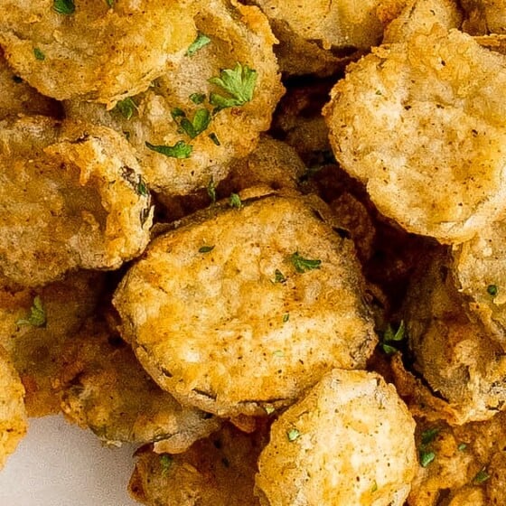 Close-up shot of homemade restaurant-style fried pickles.