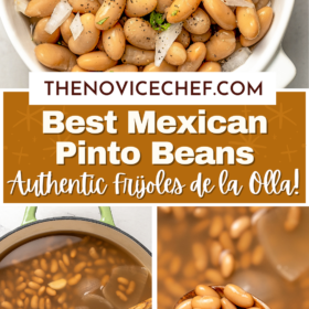 Mexican beans in a pot, with a spoon scooping up a serving and a bowl of Frijoles de la Olla with onion on top.