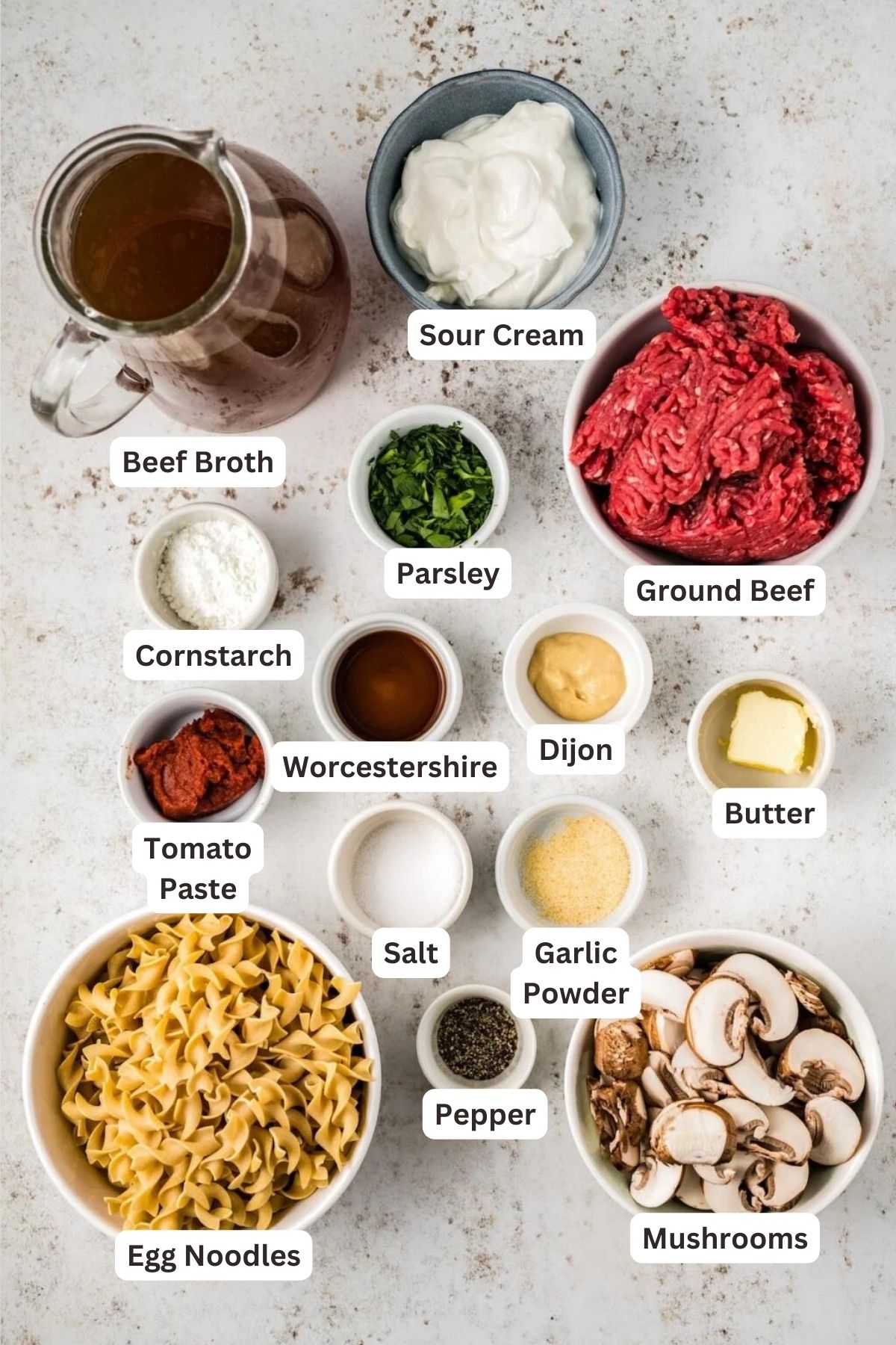 Ingredients for Ground Beef Stroganoff.