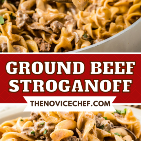 Ground Beef Stroganoff in a pot and on a plate with fresh herbs on top.