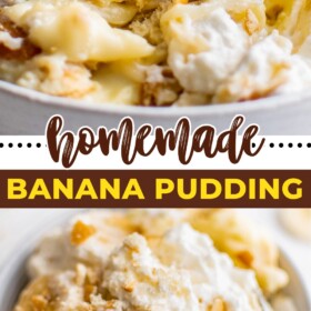 Homemade banana pudding from scratch in a bowl with a spoon.