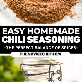 A jar of homemade chili seasoning and seasoning being mixed together on a plate.
