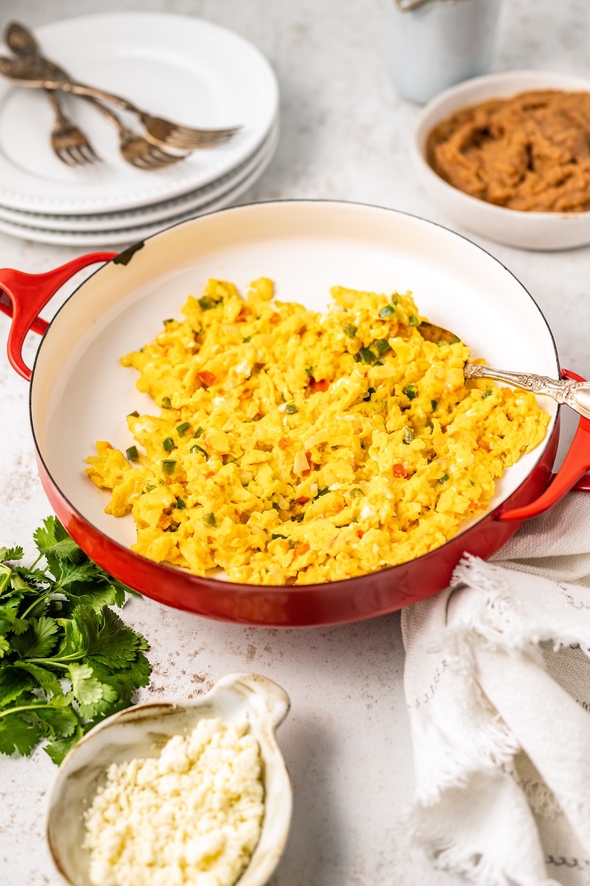 Mexican scrambled eggs in a pan.