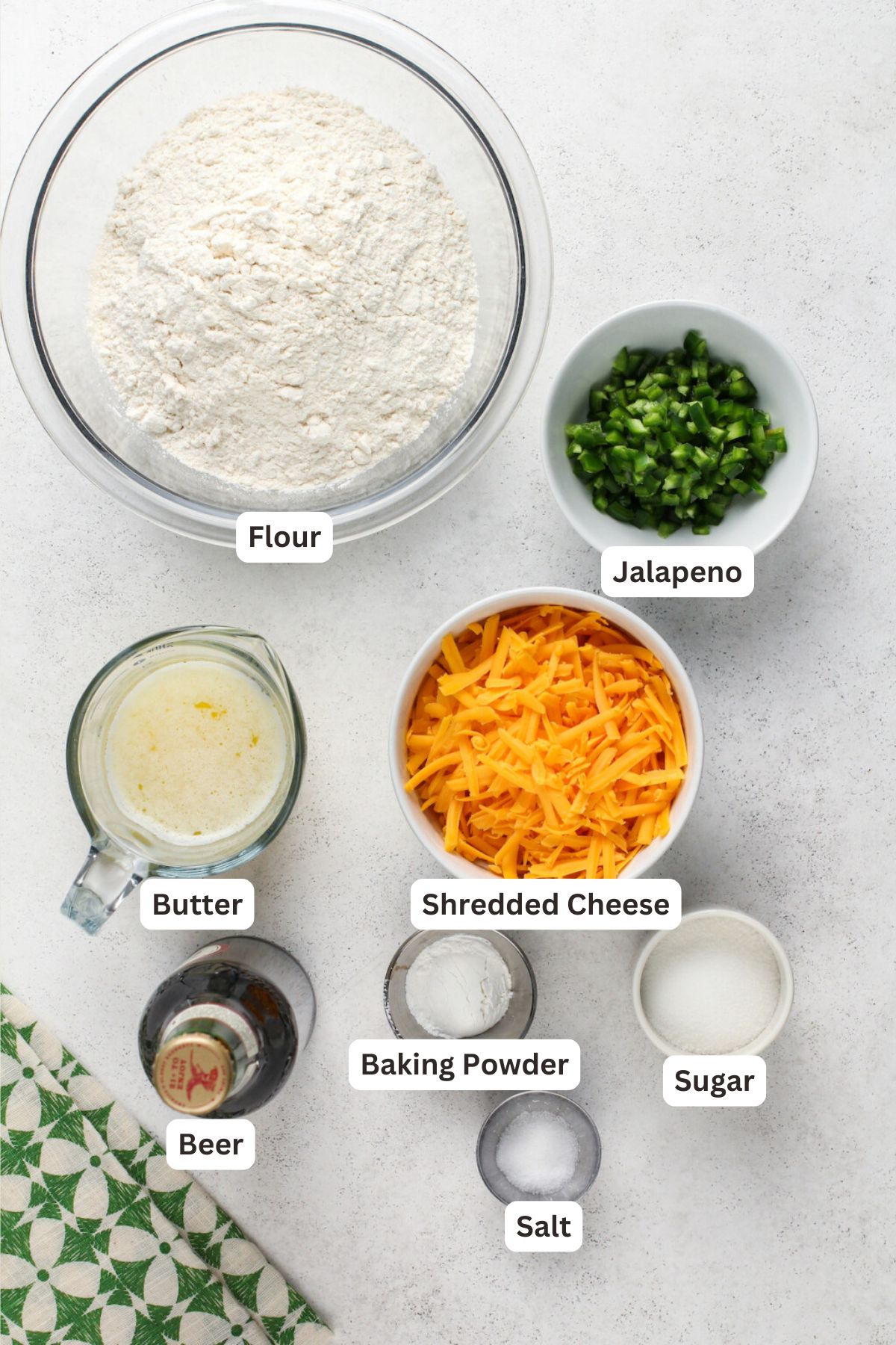 Ingredients for Cheesy Jalapeño Beer Bread.