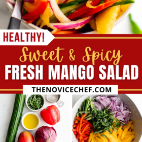 Mango salad ingredients, in a bowl being prepped, and tossed together with salad serving utensils in a large bowl.