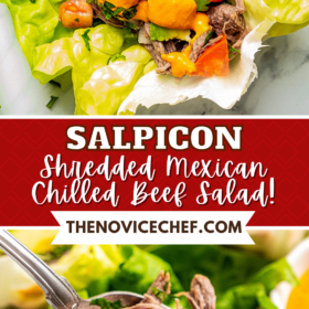 Salpicon being placed in lettuce and drizzled with chile sauce.