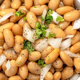 Mexican beans in a bowl with onion and cilantro on top.