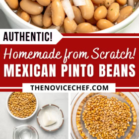 A bowl of Mexican beans and the beans being soaked in water, simmered in a pot with onion and garlic and a wooden spoon scooping up beans.