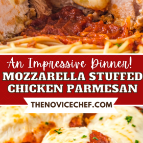 Mozzarella cheese stuffed chicken parmesan sliced in half on top of a bed of spaghetti.