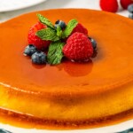 Landscape photo of flan de queso.