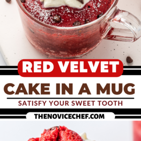 Red velvet mug cake in a mug with whip cream on top and a spoon lifting a bite out of the mug.
