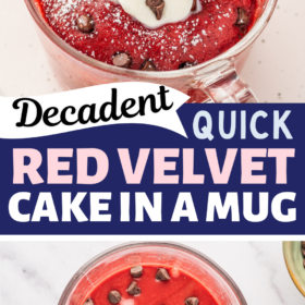 Red velvet mug cake before baking and after with whip cream on top.