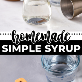 Simple syrup in a jar and a cup of sugar and water.