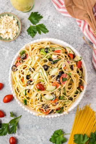 Spaghetti salad in a salad bowl.