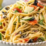 A dish of homemade pasta salad.