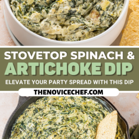 Spinach artichoke dip in a cast iron skillet and in a bowl with tortilla chips.