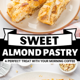 Braided almond pastry sliced into pieces and dusted with powdered sugar.