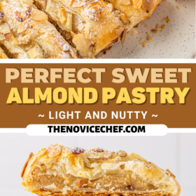 Sweet almond pastry sliced into pieces and stacked on top of each other on a plate.