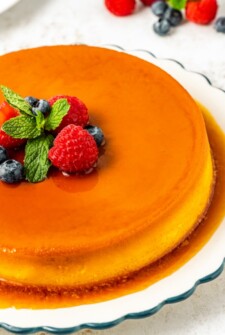 Angled shot of flan de queso.
