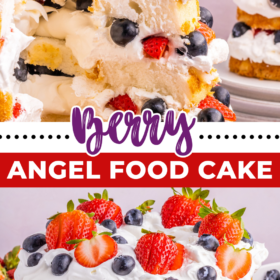 Layers of Angel Food Cake with berries and whipped cream on a cake stand.