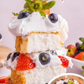 A slice of Angel Food Cake with berries and whipped cream on a plate.