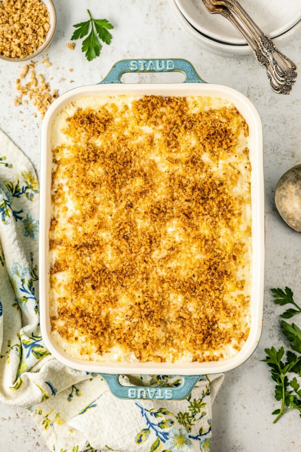 A baked mac and cheese casserole.