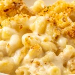 Close-up of baked mac and cheese.