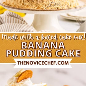 A banana pudding cake on a cake stand and a slice of cake being lifted with a spatula.