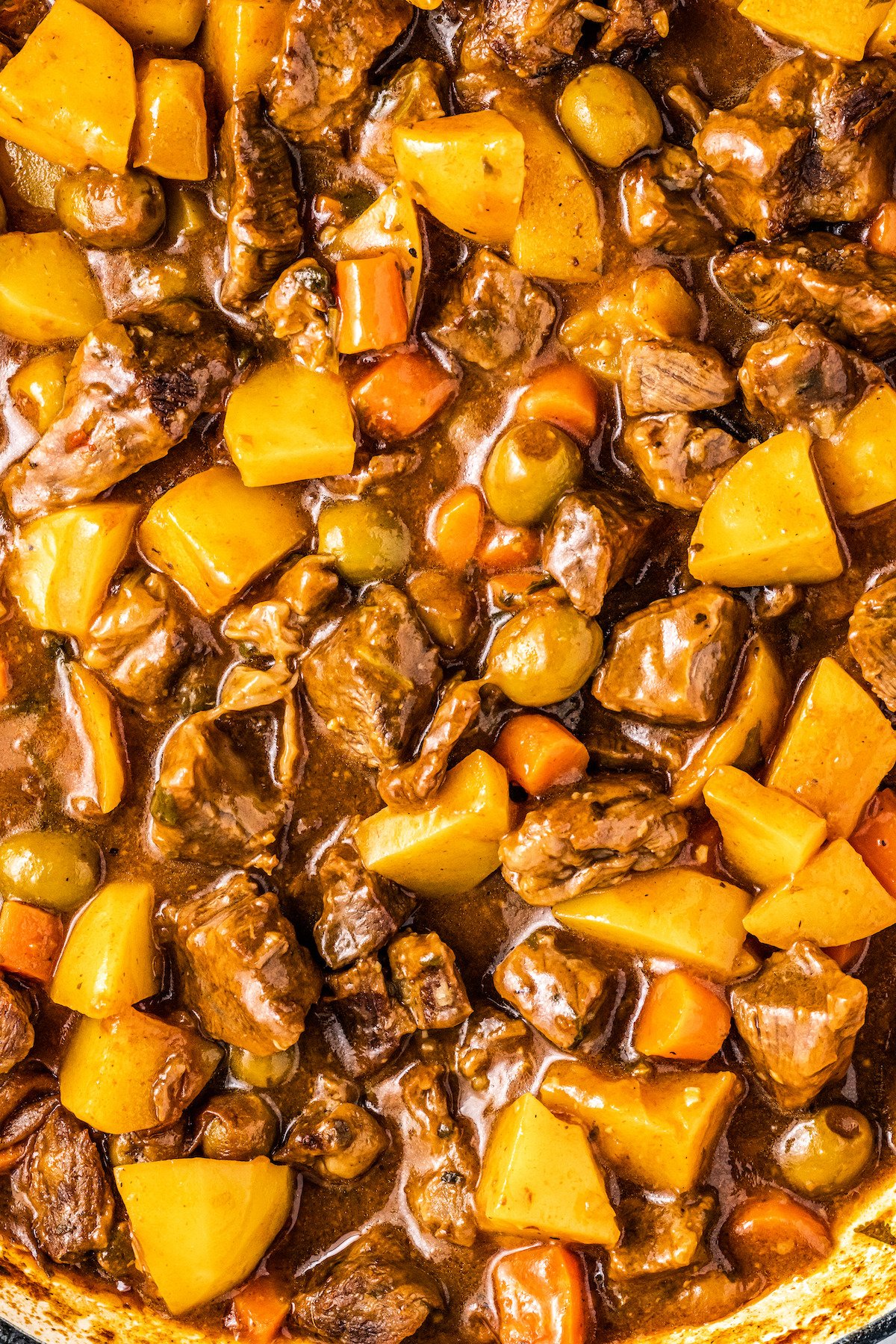 Close-up of Puerto Rican beef stew.